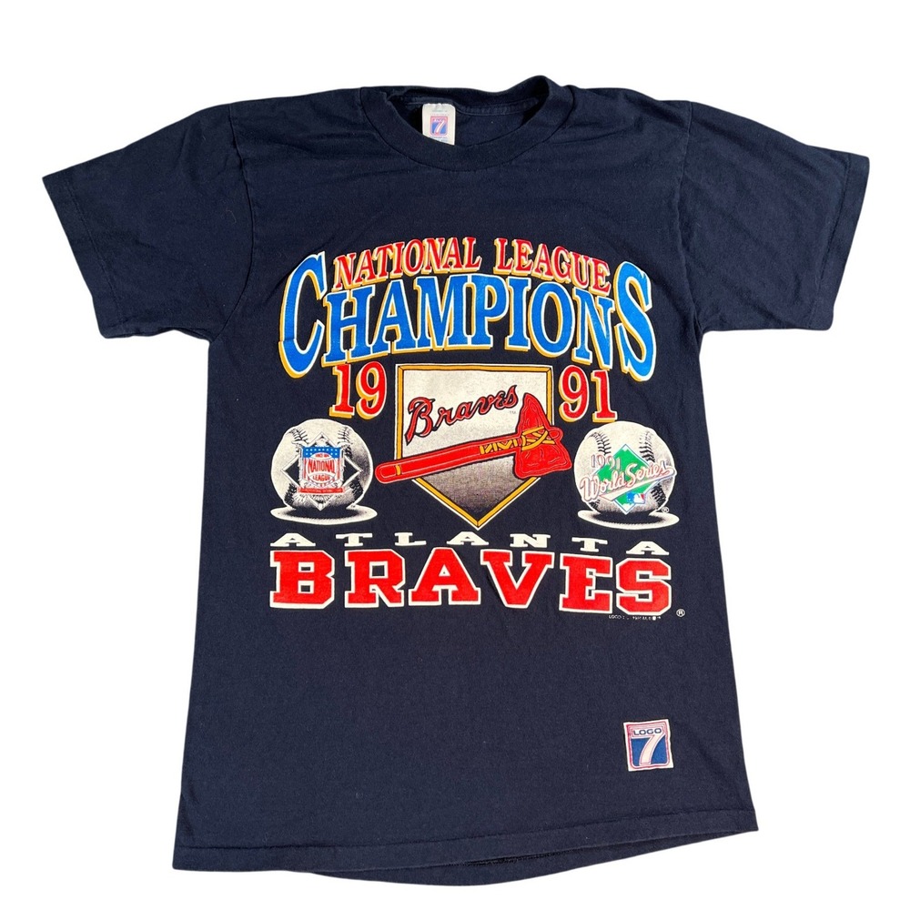 Vintage Atlanta Braves T-Shirt Mens Medium Navy 1991 NL Champions World Series